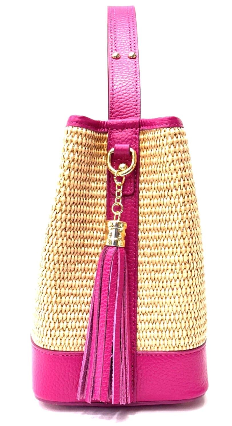 Borsa da donna in vera pelle / rafia AMELIA colore FUCSIA, CHIAROSCURO, Made in Italy