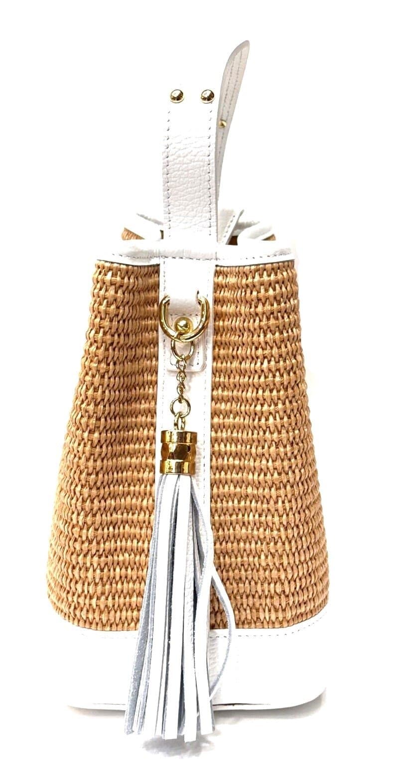 Borsa da donna in vera pelle / rafia AMELIA colore BIANCO, CHIAROSCURO, Made in Italy.