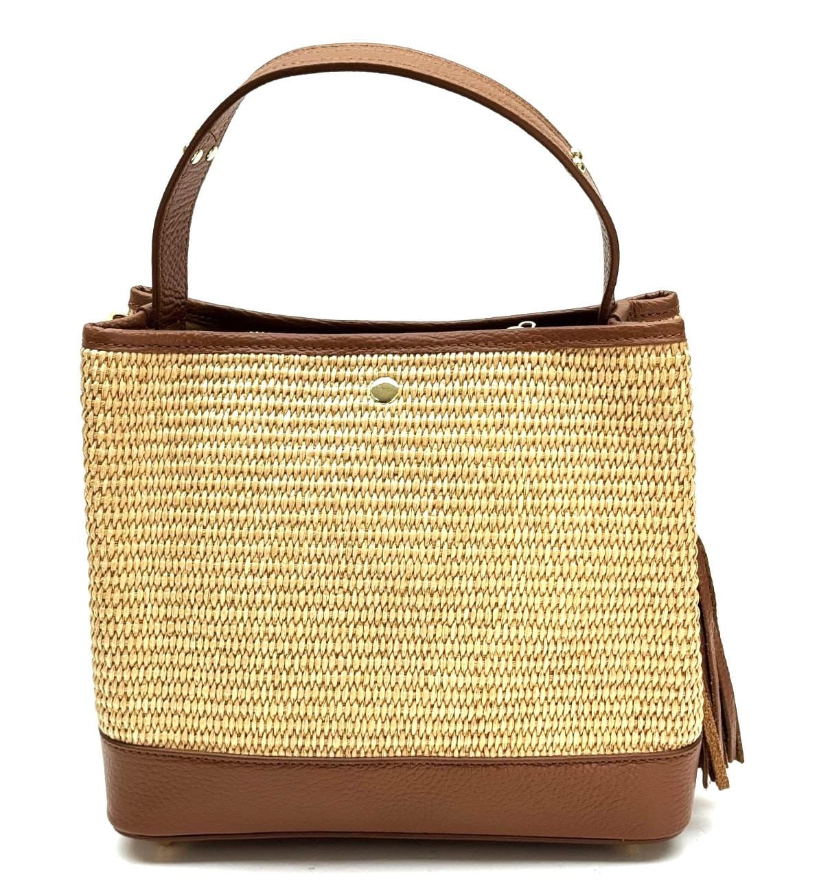 Women's bag in genuine leather / raffia AMELIA color HONEY, CHIAROSCURO, Made in Italy.