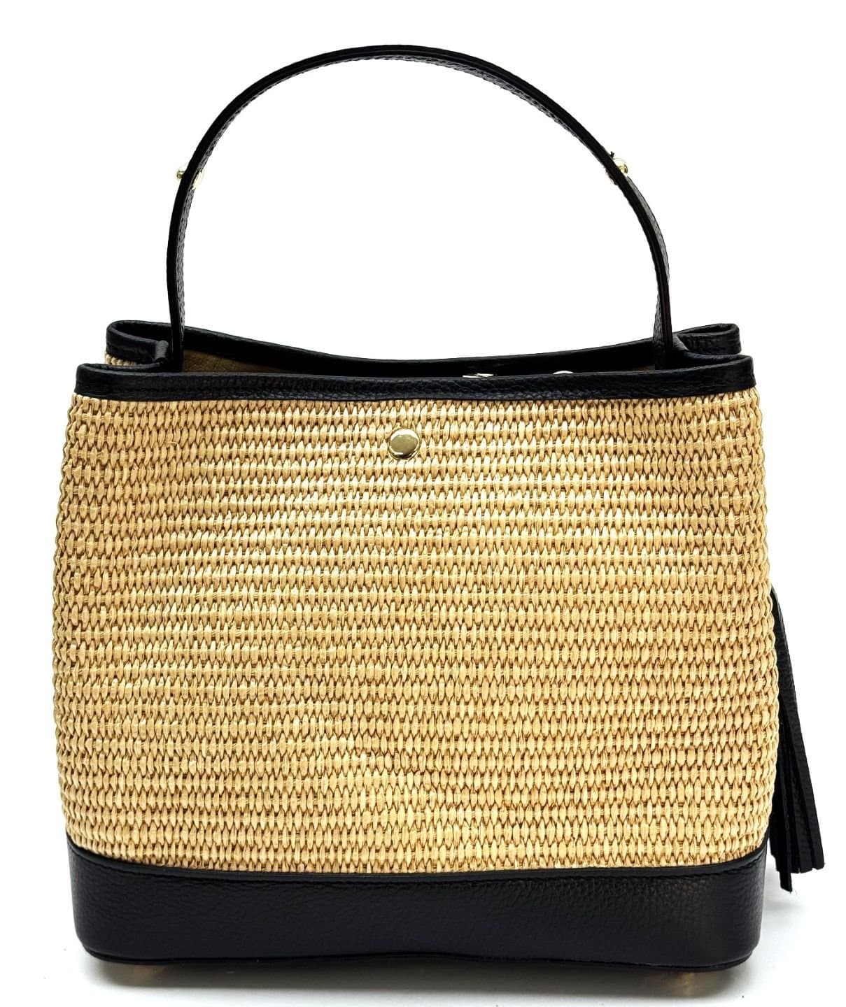 Borsa da donna in vera pelle / rafia AMELIA colore NERO, CHIAROSCURO, Made in Italy.
