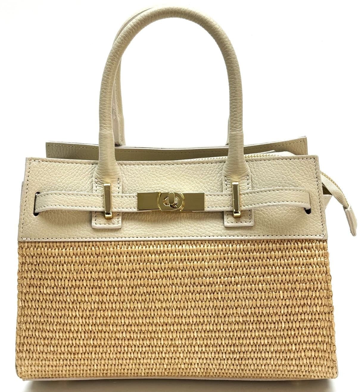 Borsa da donna in vera pelle / rafia BICE colore BEIGE, CHIAROSCURO, Made in Italy