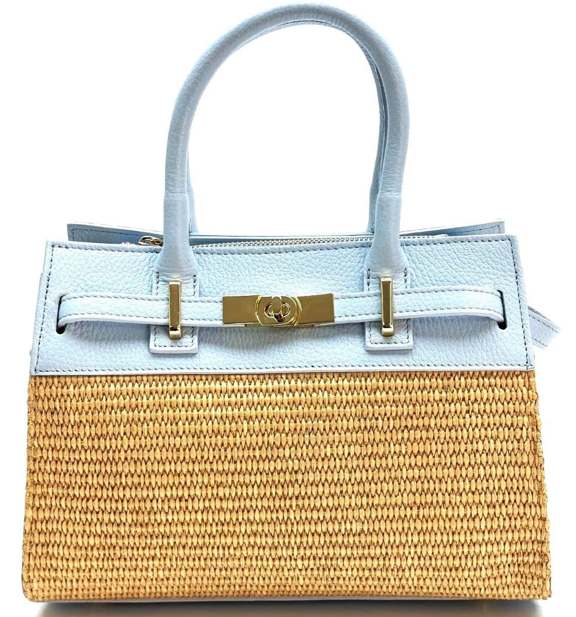 Women's bag in genuine leather / raffia BICE colour LIGHT BLUE, CHIAROSCURO, Made in Italy