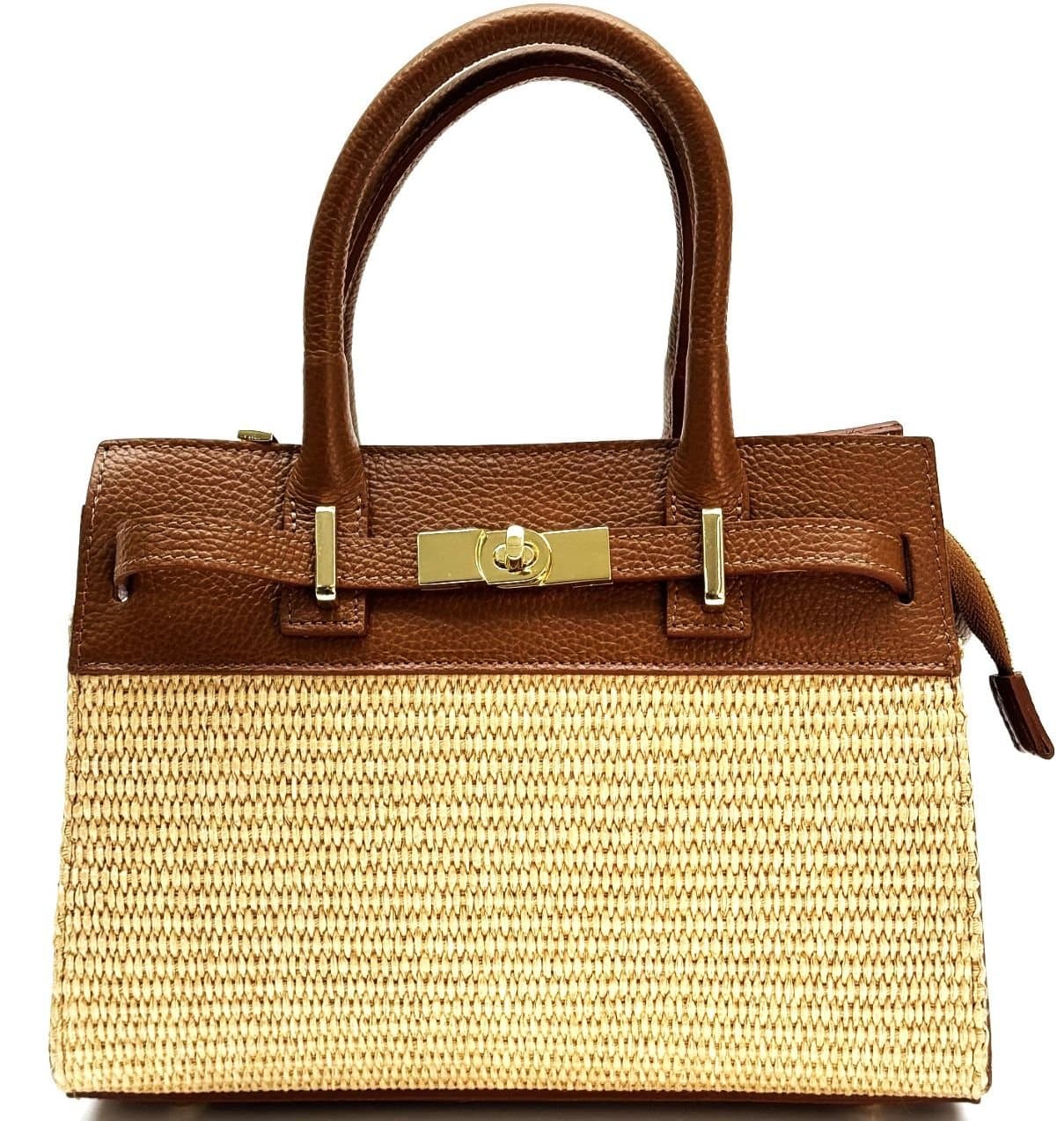 Women's bag in genuine leather / raffia BICE colour Brown, CHIAROSCURO, Made in Italy