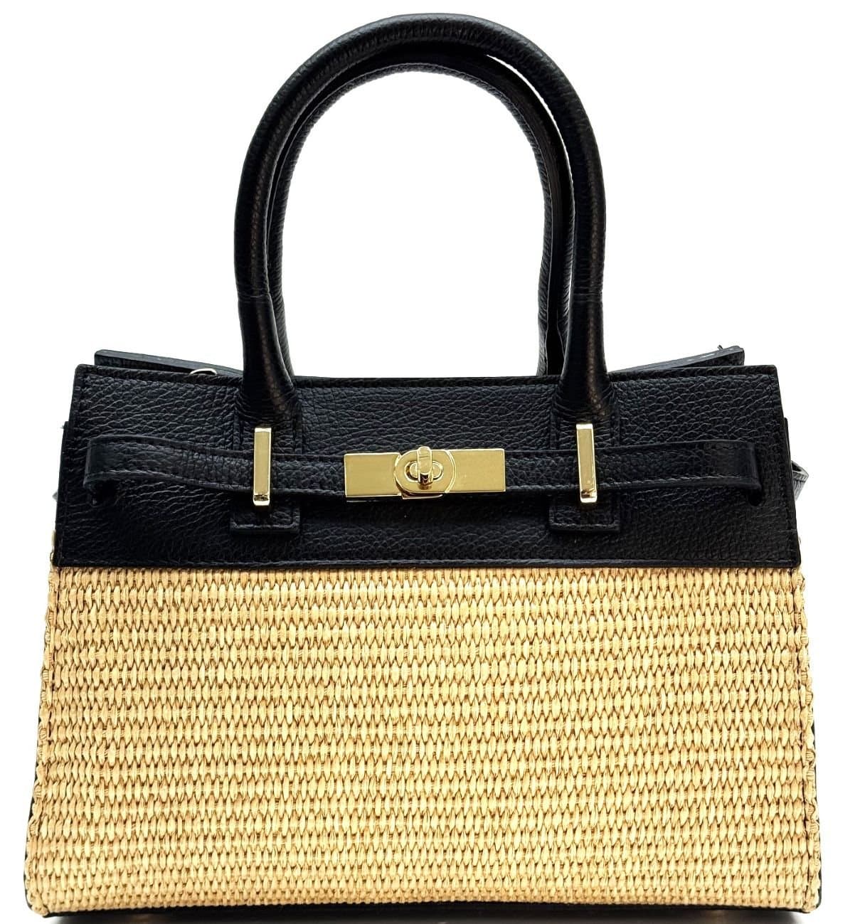 Borsa da donna in vera pelle / rafia BICE colore NERO, CHIAROSCURO, Made in Italy