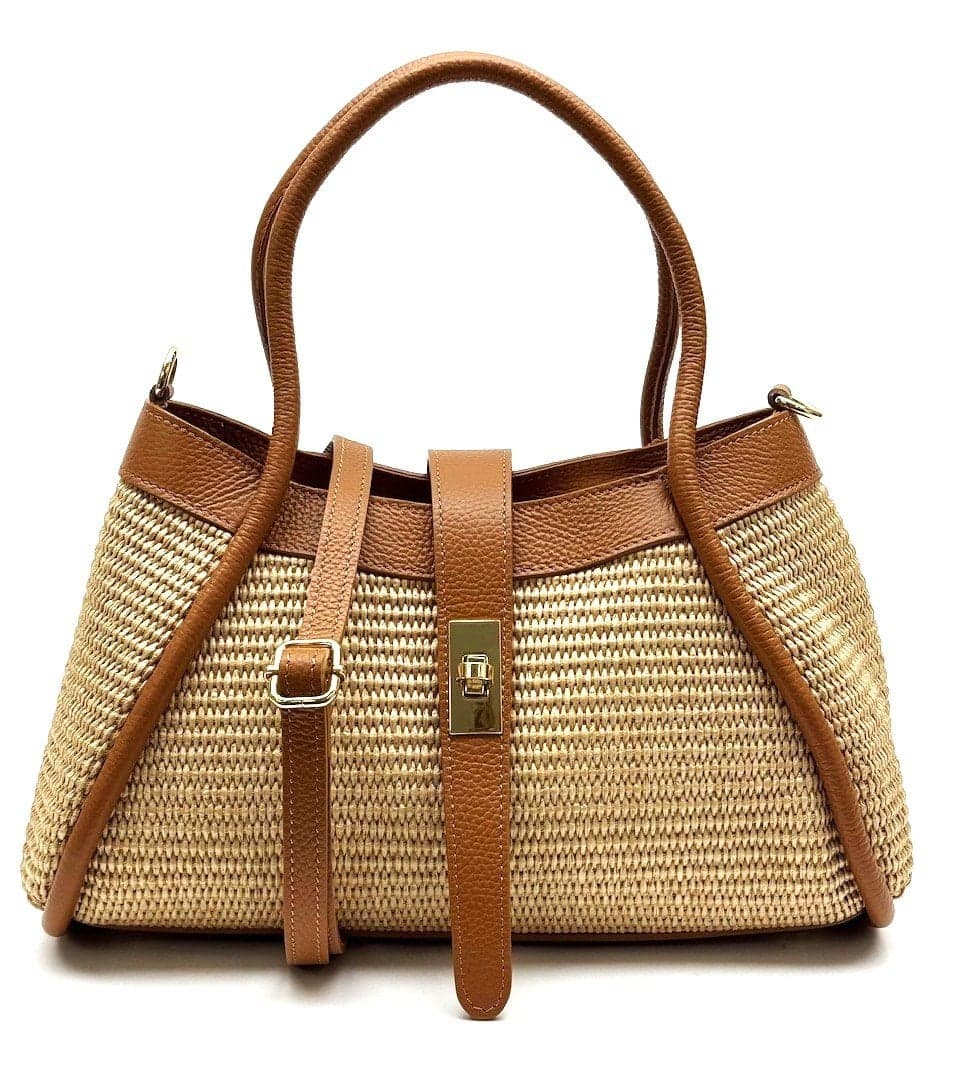 Borsa da donna in vera pelle / rafia KARA colore MIELE, CHIAROSCURO, Made in Italy