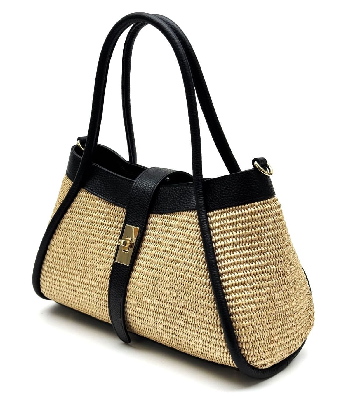 Borsa da donna in vera pelle / rafia KARA colore NERO, CHIAROSCURO, Made in Italy (