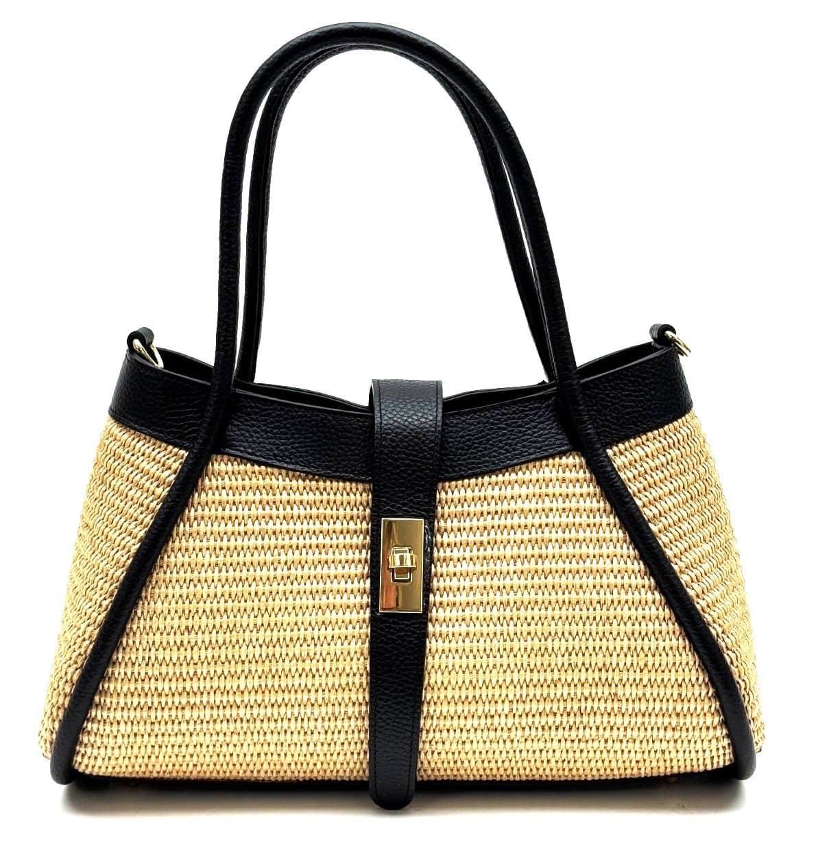 Women's bag in genuine leather / raffia KARA colour BLACK, CHIAROSCURO, Made in Italy
