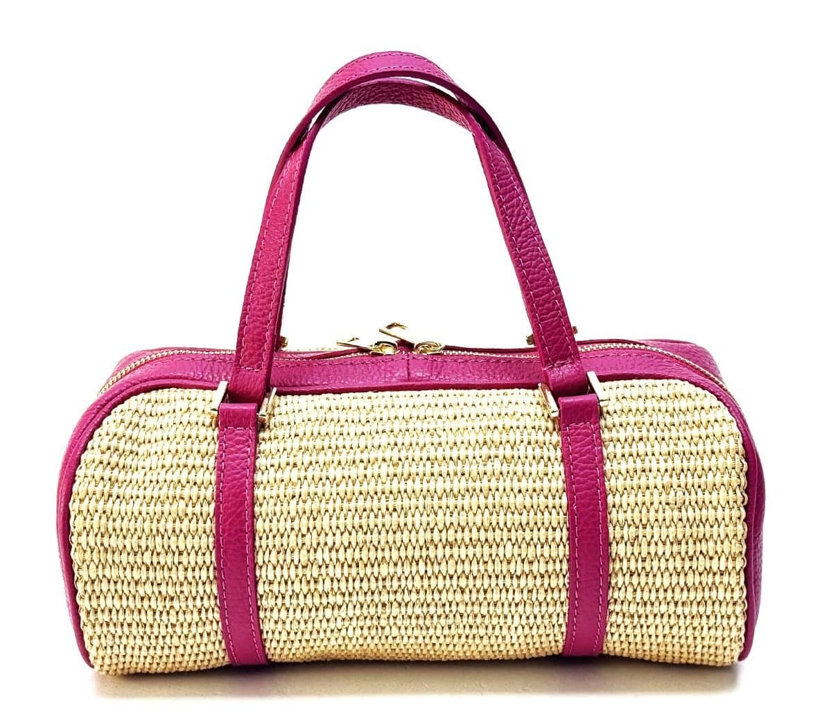 Borsa da donna in vera pelle / rafia SALMA colore fucsia RAFIA, CHIAROSCURO, Made in Italy.