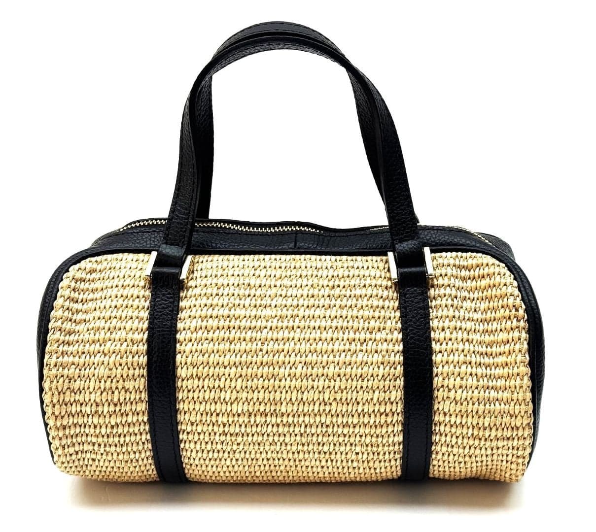 Borsa da donna in vera pelle / rafia SALMA colore nero RAFIA, CHIAROSCURO, Made in Italy.