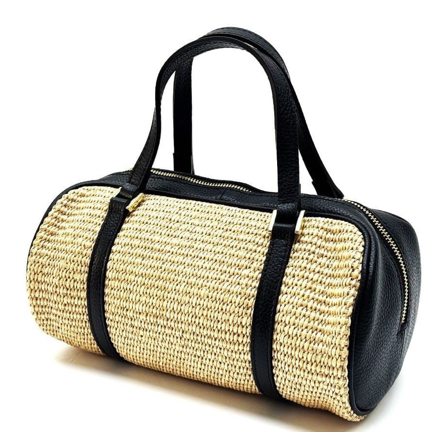 Borsa da donna in vera pelle / rafia SALMA colore nero RAFIA, CHIAROSCURO, Made in Italy.