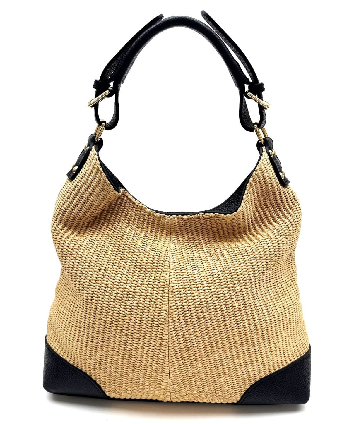 Borsa da donna in vera pelle / rafia SIMONA colore NERO, CHIAROSCURO, Made in Italy