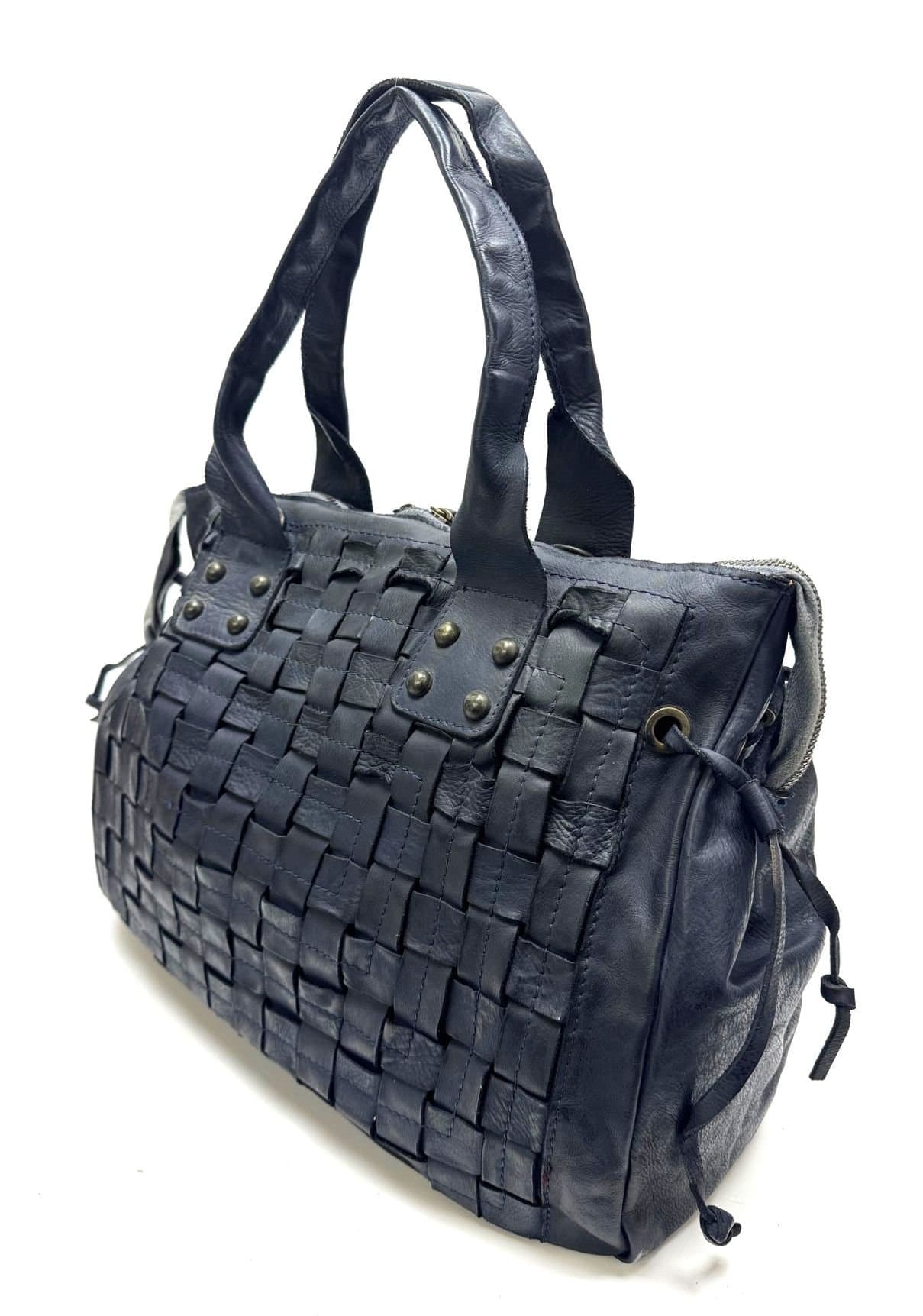 Borsa donna ASIA a spalla in vera pelle morbida, colore BLU, VINTAGE, CHIAROSCURO, Made in Italy