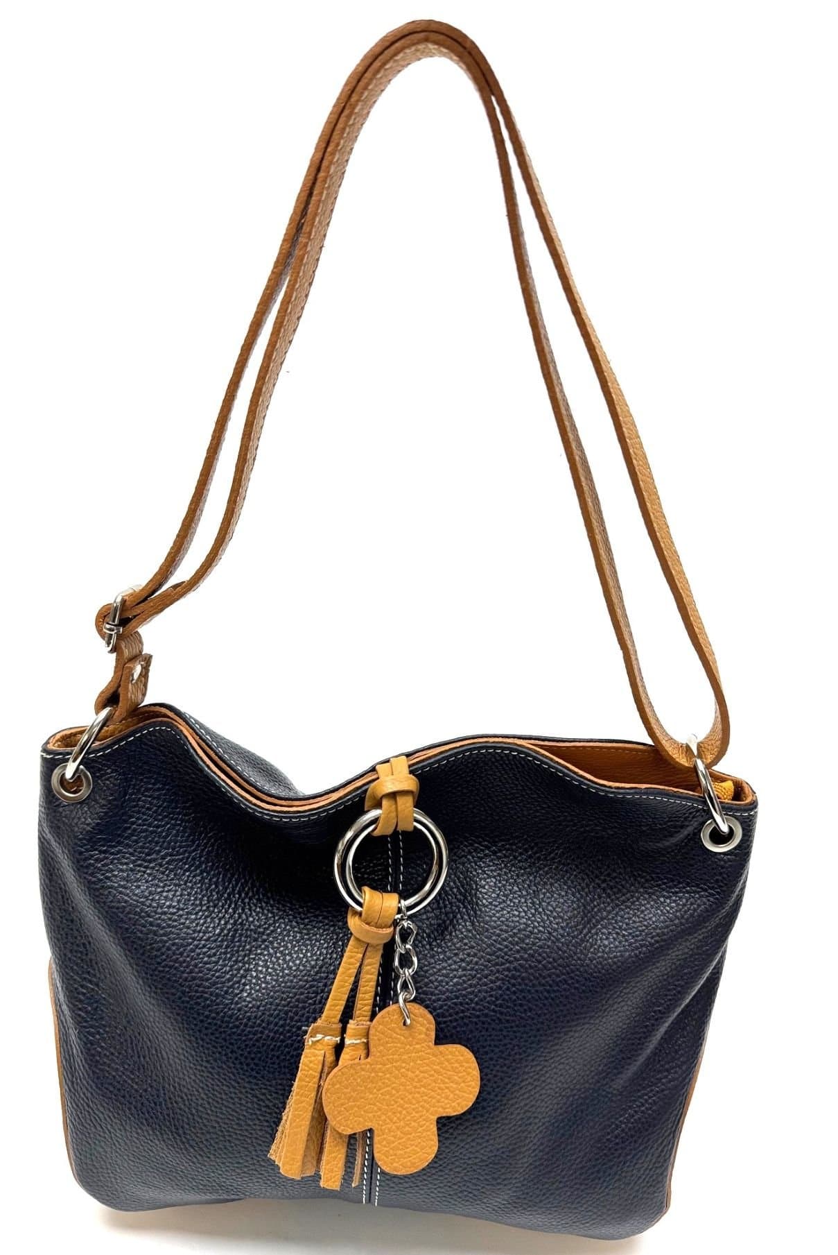 Borsa donna in vera pelle CHIAROSCURO mod. BETTA colore BLU / MIELE Made in Italy