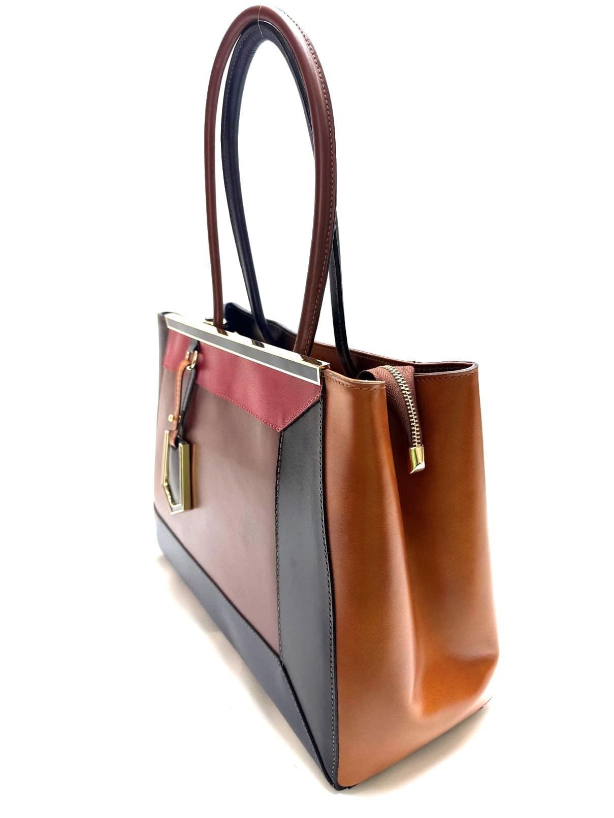 Borsa donna in vera pelle CHIAROSCURO. mod. HANA, base marrone, colore MULTICOLORE Made in Italy