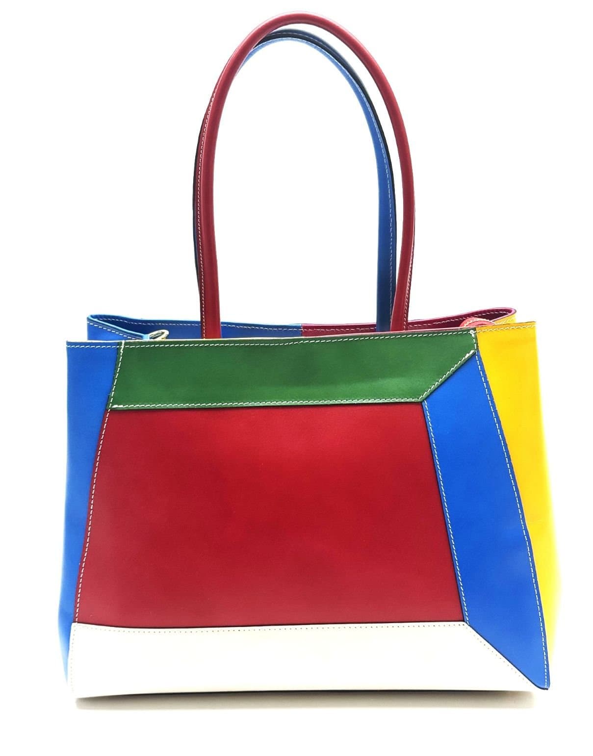 Borsa donna in vera pelle CHIAROSCURO mod. HANA, base rosso, colore MULTICOLORE / ESTIVO, Made in Italy.