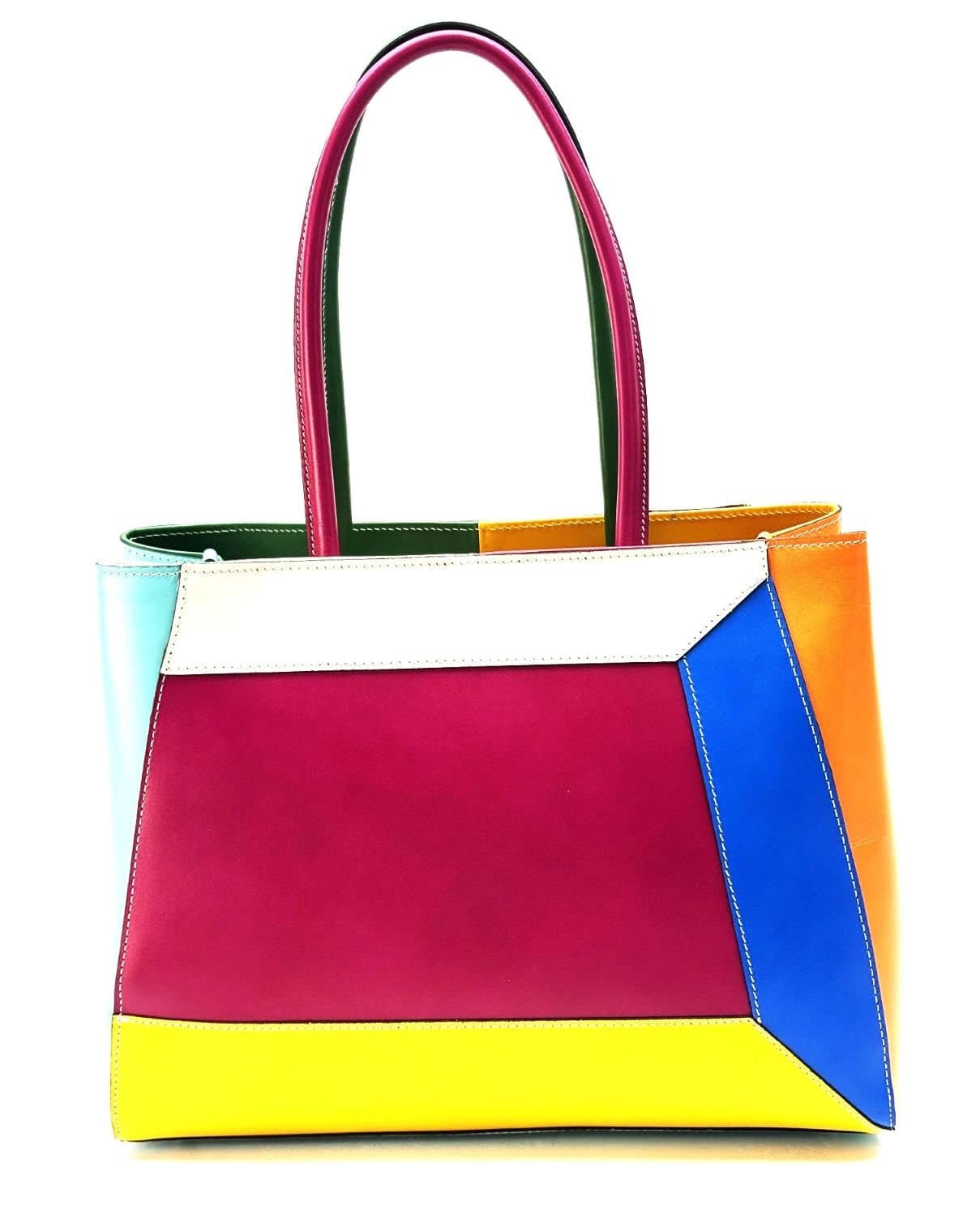 Borsa donna in vera pelle, CHIAROSCURO mod. HANA, base fucsia, colore MULTICOLORE / ESTIVO, Made in Italy
