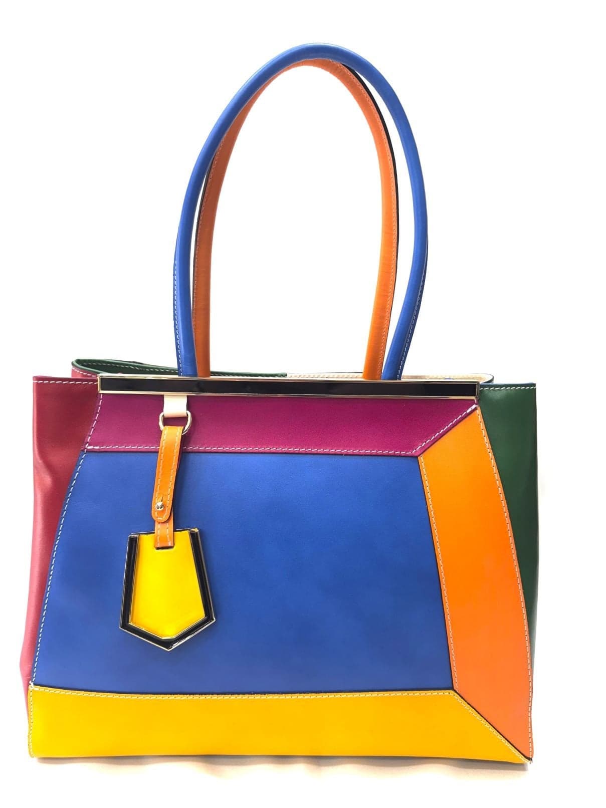 Borsa donna in vera pelle, CHIAROSCURO mod. HANA, base blu, colore MULTICOLORE / ESTIVO, Made in Italy.