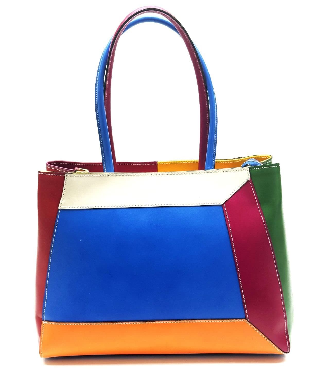 Borsa donna in vera pelle, CHIAROSCURO mod. HANA, base blu, colore MULTICOLORE / ESTIVO, Made in Italy