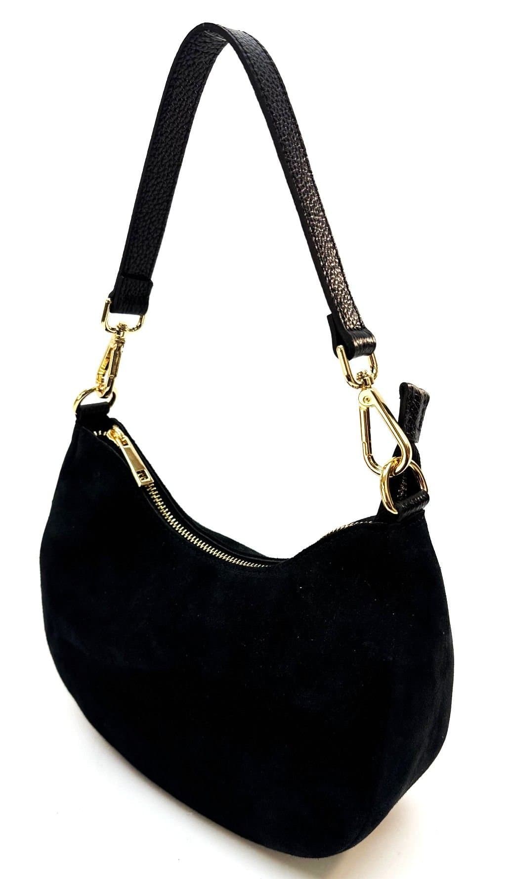 Borsa donna MONIA in vera pelle scamosciata, colore NERO, CHIAROSCURO, Made in Italy