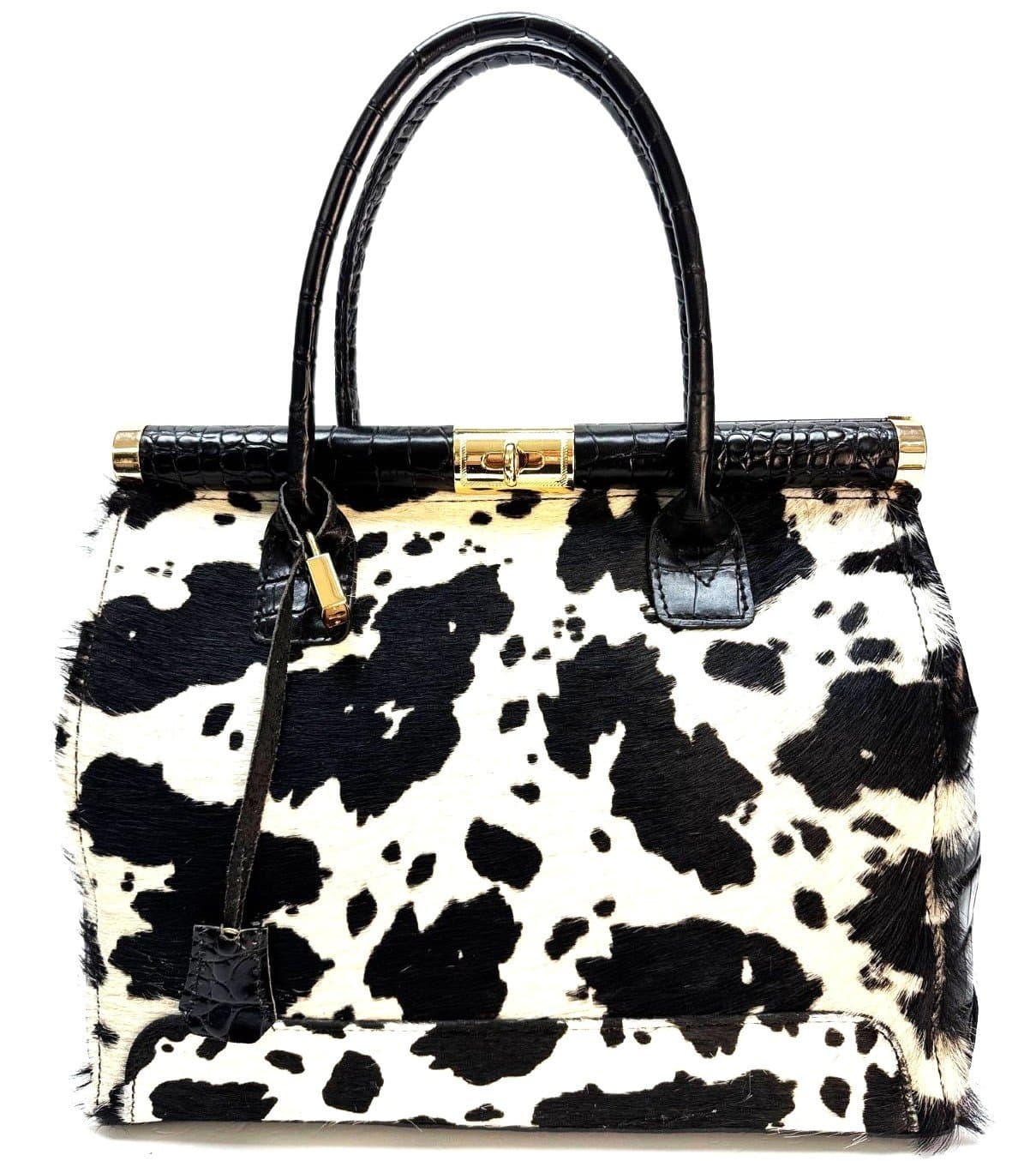 Borsa donna in vera pelle CHIAROSCURO mod. LEONA, stampa Coccodrillo, pelo di PONY, NERO / BIANCO / MARRONE