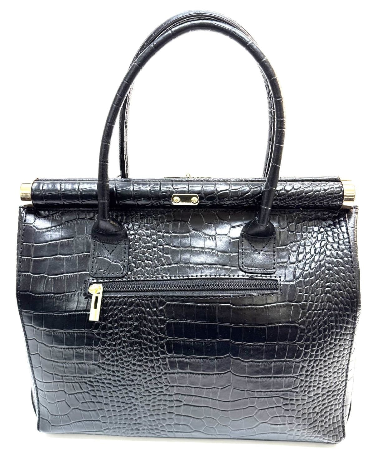 Borsa donna in vera pelle CHIAROSCURO mod. LEONA, stampa Coccodrillo, pelo di PONY, colore NERO / MIELE, Made in Italy