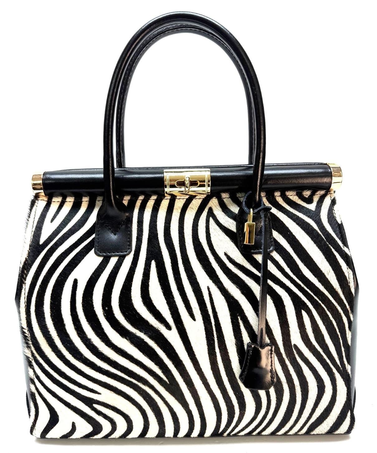CHIAROSCURO women's bag in real leather mod. LEONA, PONY fur, zebra BLACK / WHITE color, Made in Italy