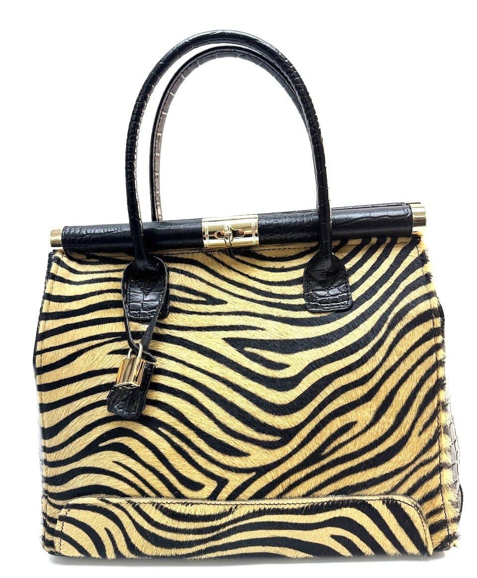 CHIAROSCURO women's bag in real leather mod. LEONA, crocodile print, PONY fur, zebra BLACK / HONEY color, Made in Italy