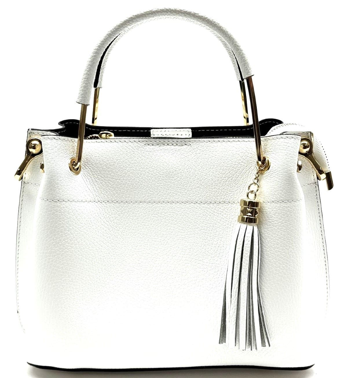 Borsa donna KAROLINA SMALL, a spalla in vera pelle rigida, colore BIANCO, CHIARO SCURO, Made in Italy