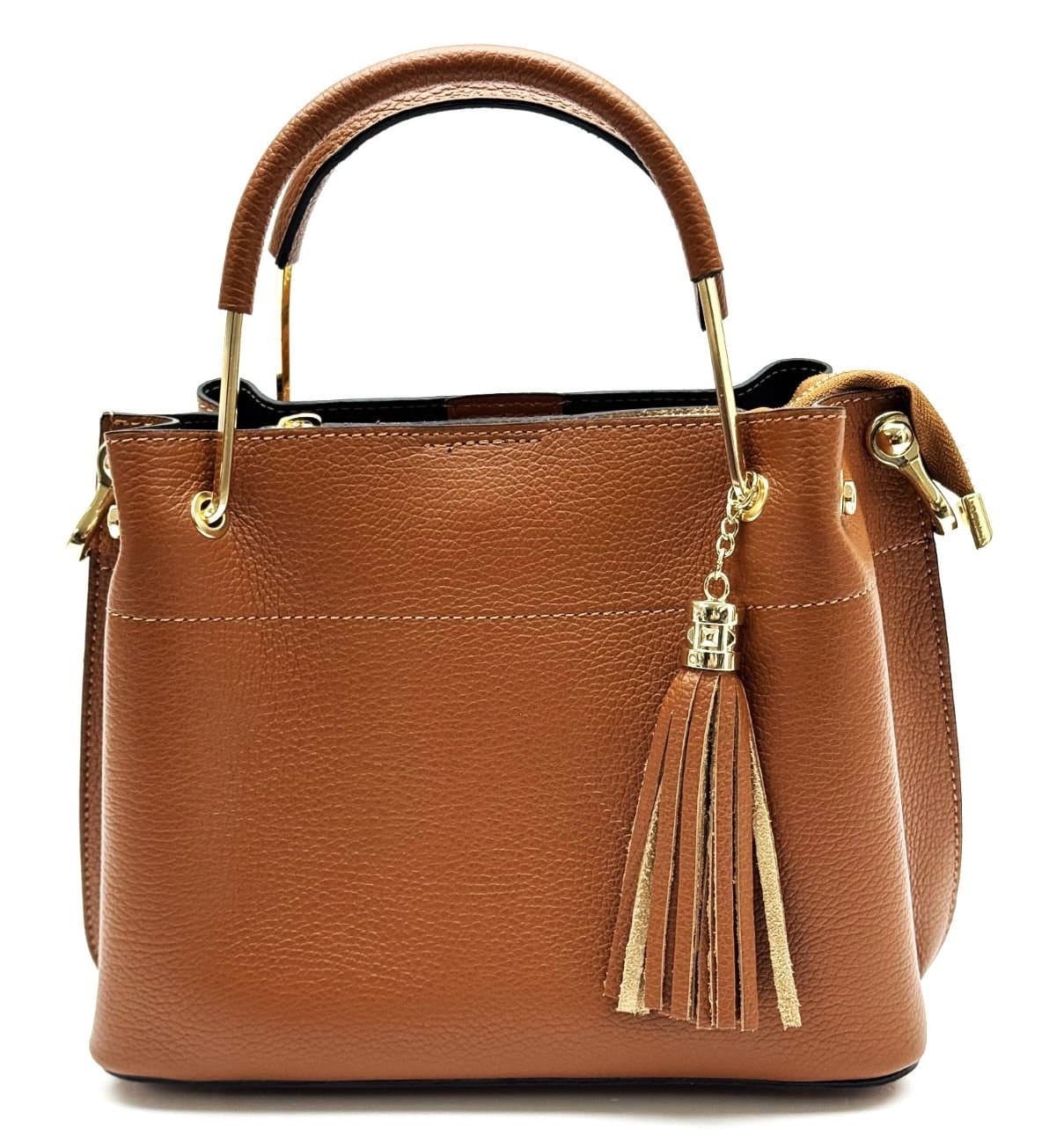 Borsa donna KAROLINA SMALL, a spalla in vera pelle rigida, colore MIELE, CHIARO SCURO, Made in Italy