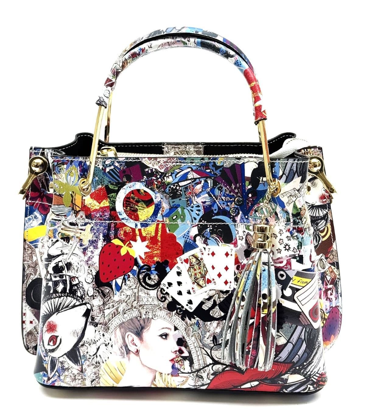 Borsa donna KAROLINA SMALL, a spalla in vera pelle rigida, colore MULTICOLORE, CHIARO SCURO, Made in Italy