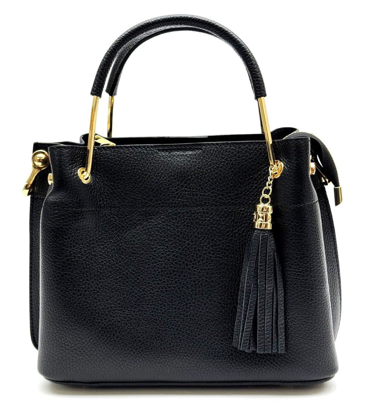 Borsa donna KAROLINA SMALL, a spalla in vera pelle rigida, colore NERO, CHIARO SCURO, Made in Italy