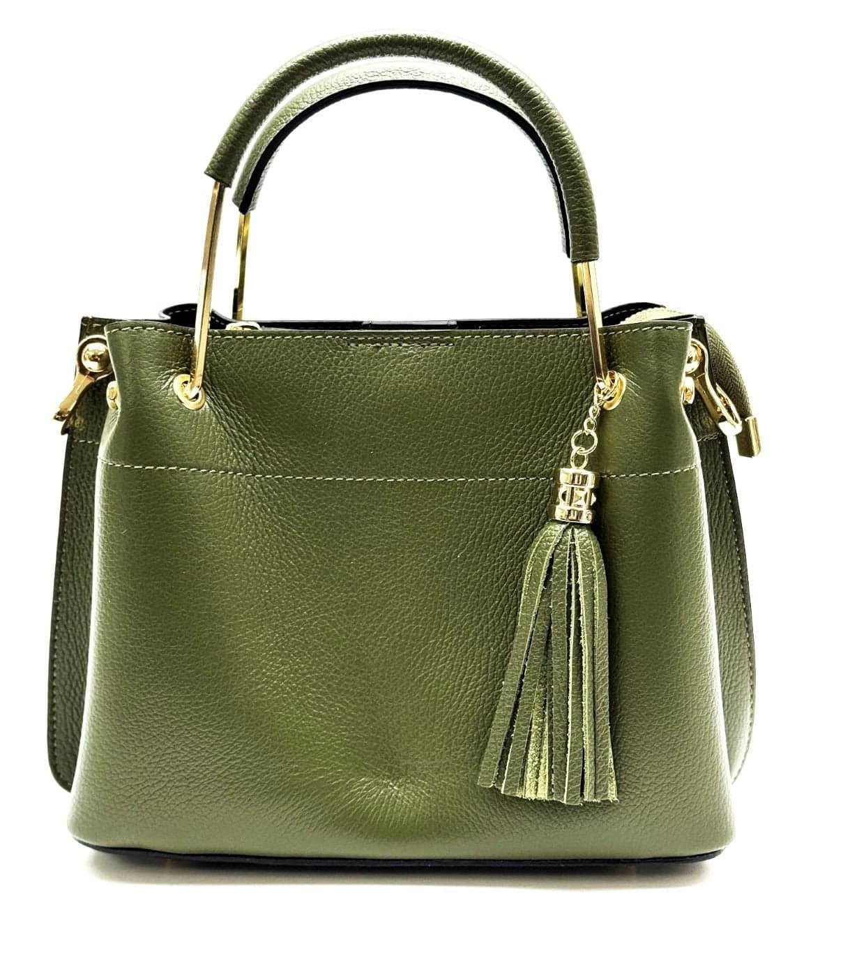 Borsa donna KAROLINA SMALL, a spalla in vera pelle rigida, colore VERDE SCURO, CHIARO SCURO, Made in Italy