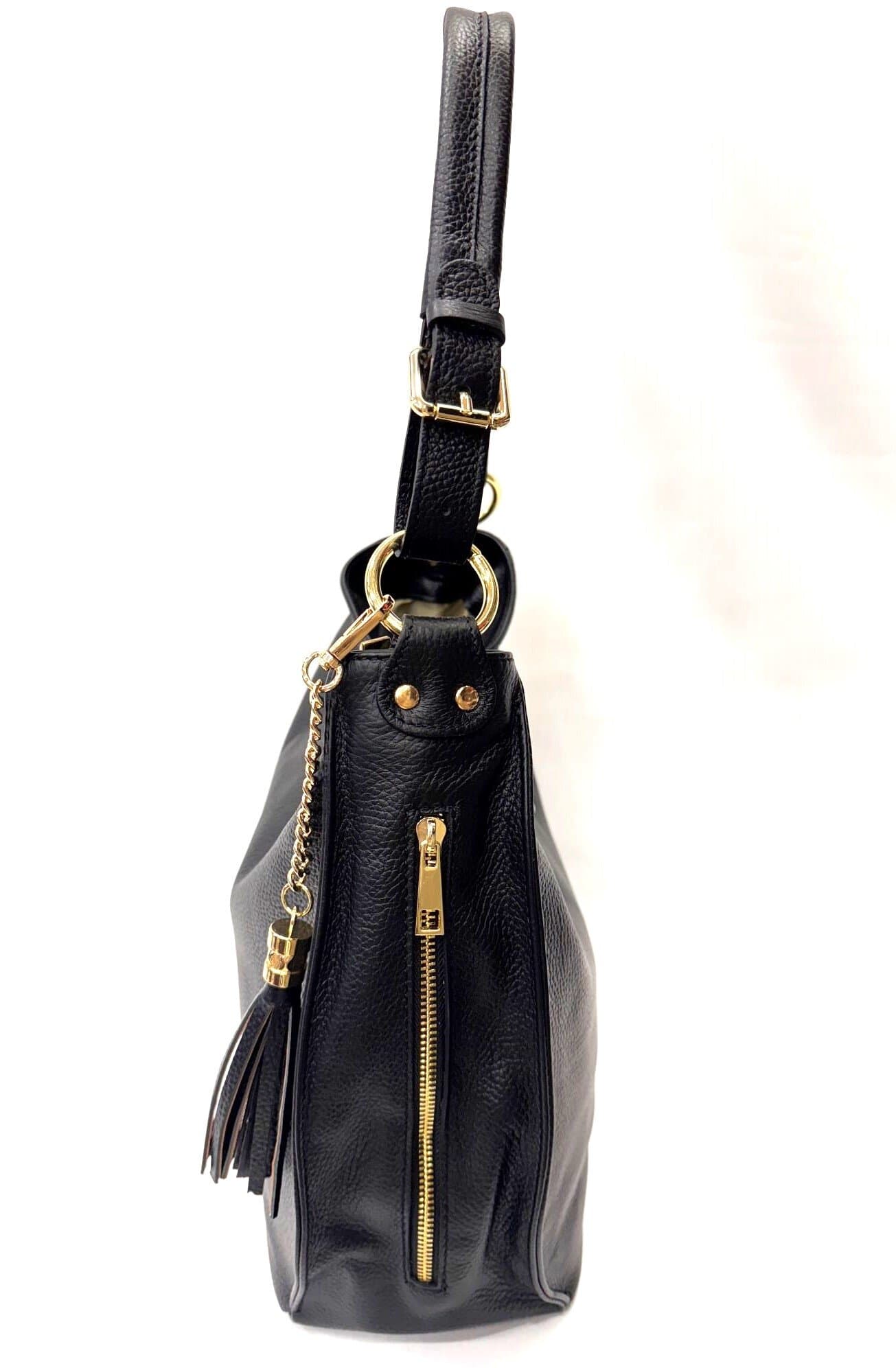 Borsa donna LUDOVICA a spalla in vera pelle morbida, colore NERO CHIAROSCURO Made in Italy