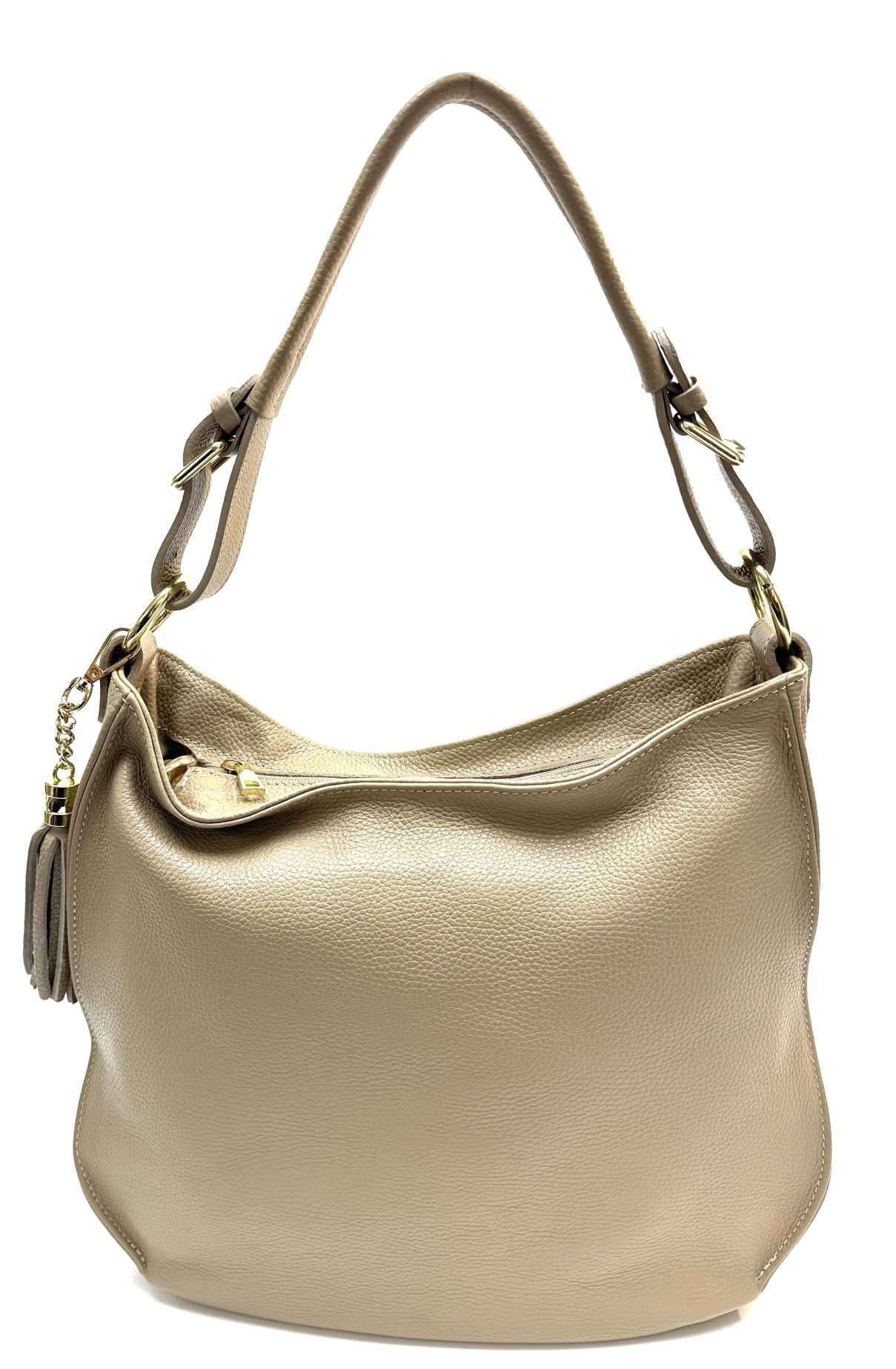 Borsa donna LUDOVICA a spalla in vera pelle morbida, colore TAUPE, CHIAROSCURO Made in Italy