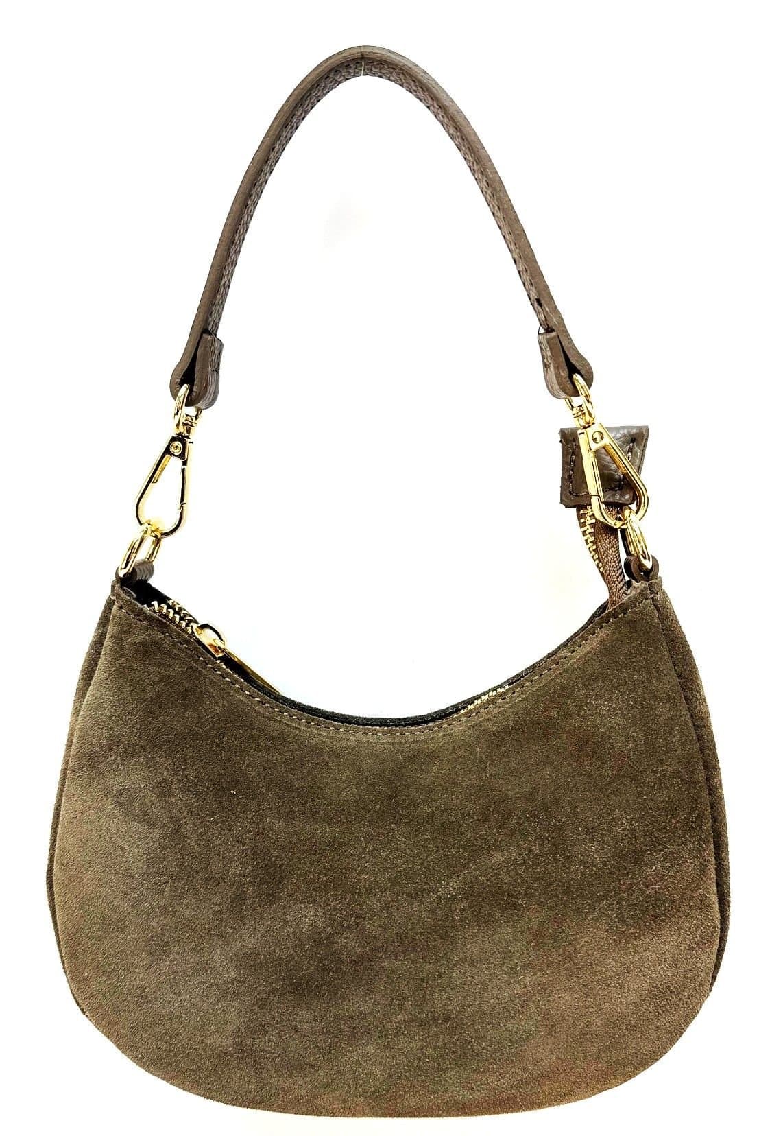 Borsa donna MONIA SMALL in vera pelle scamosciata, colore TAUPE, CHIAROSCURO, Made in Italy
