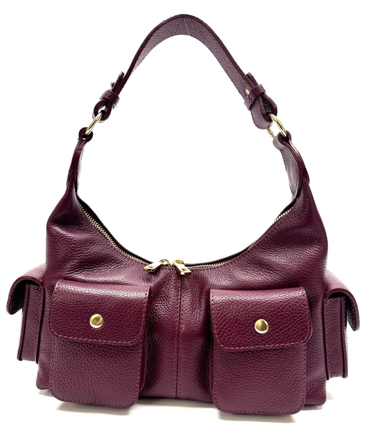 Borsa donna NINA a spalla in vera pelle morbida, colore BORDEAUX, CHIAROSCURO Made in Italy.