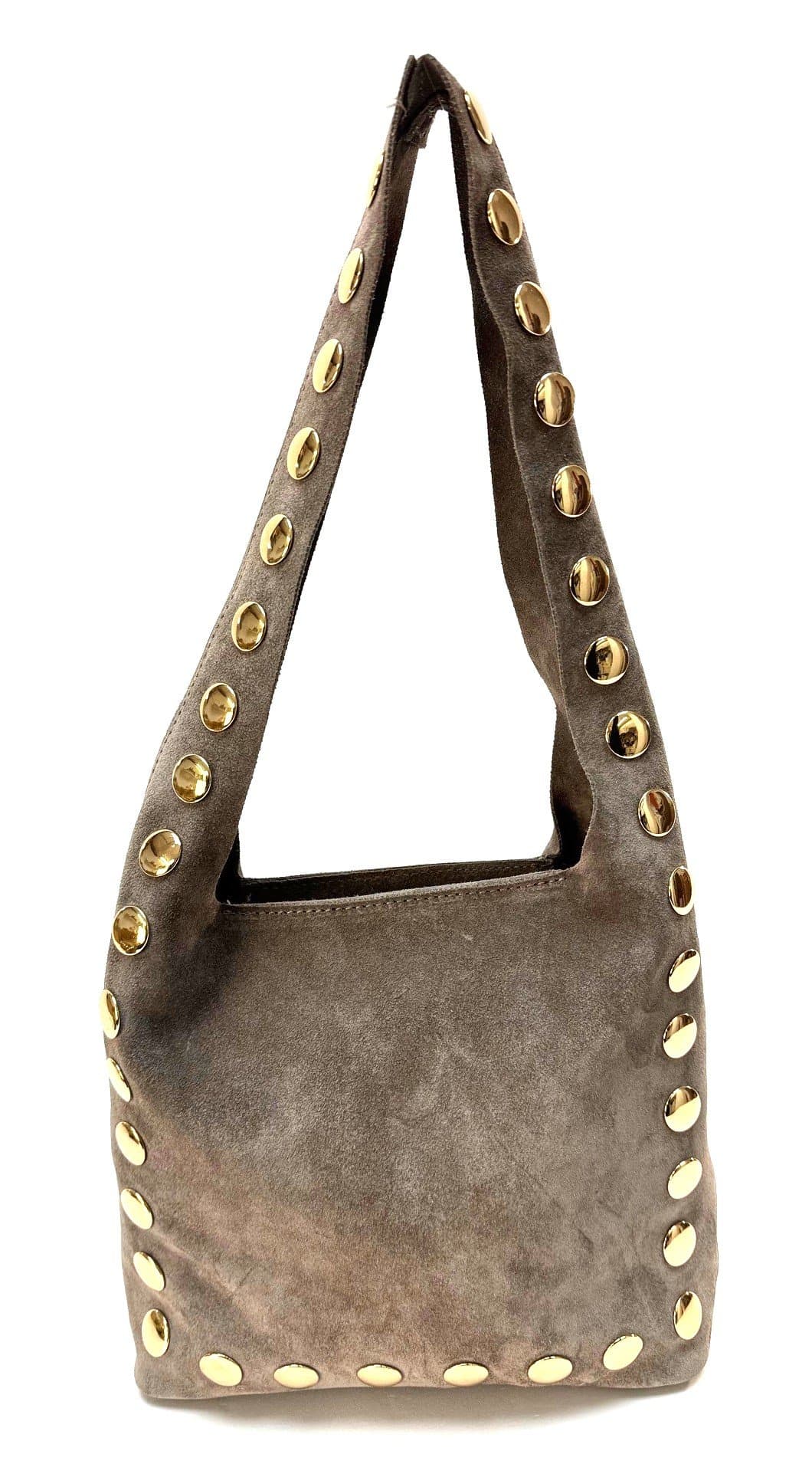 Borsa donna NORA a spalla in vera pelle rigida scamosciata, colore TAUPE, CHIAROSCURO, Made in Italy.