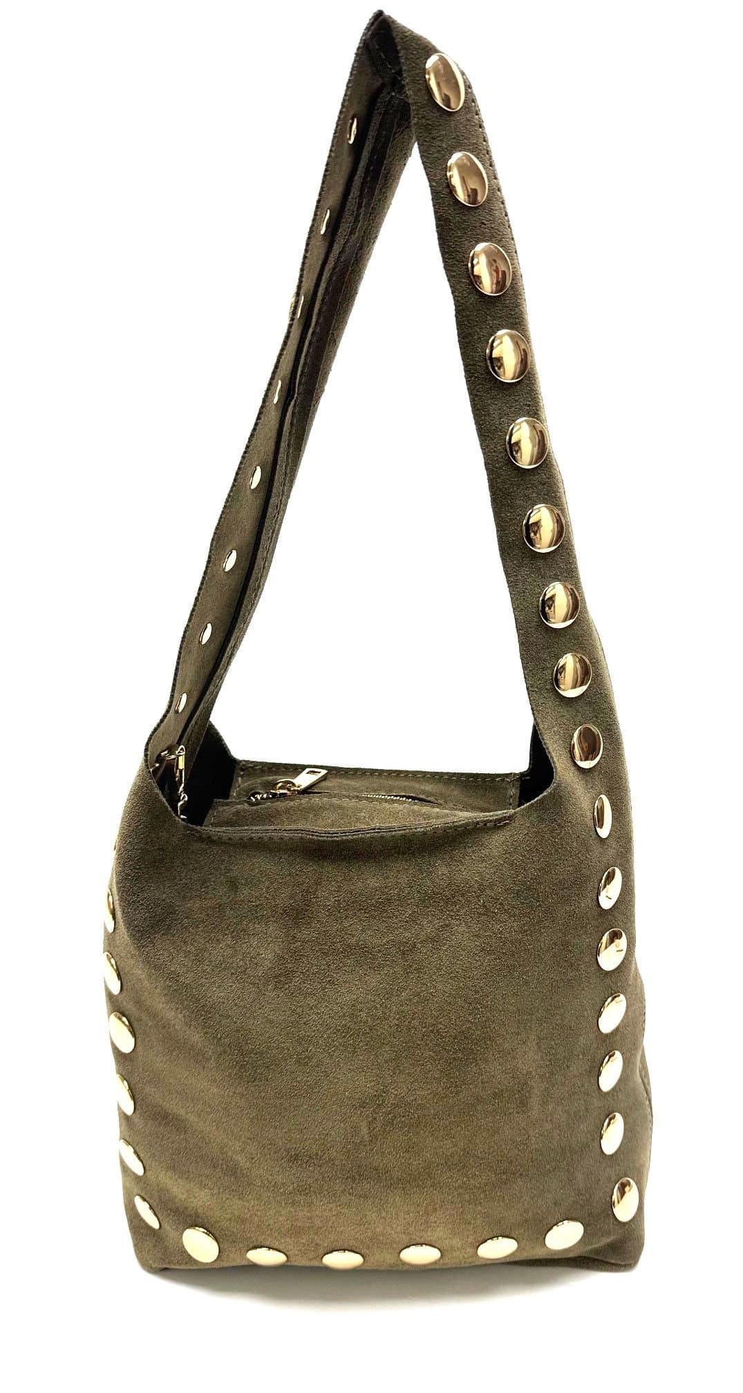 Borsa donna NORA a spalla in vera pelle rigida scamosciata, colore VERDE, CHIAROSCURO, Made in Italy