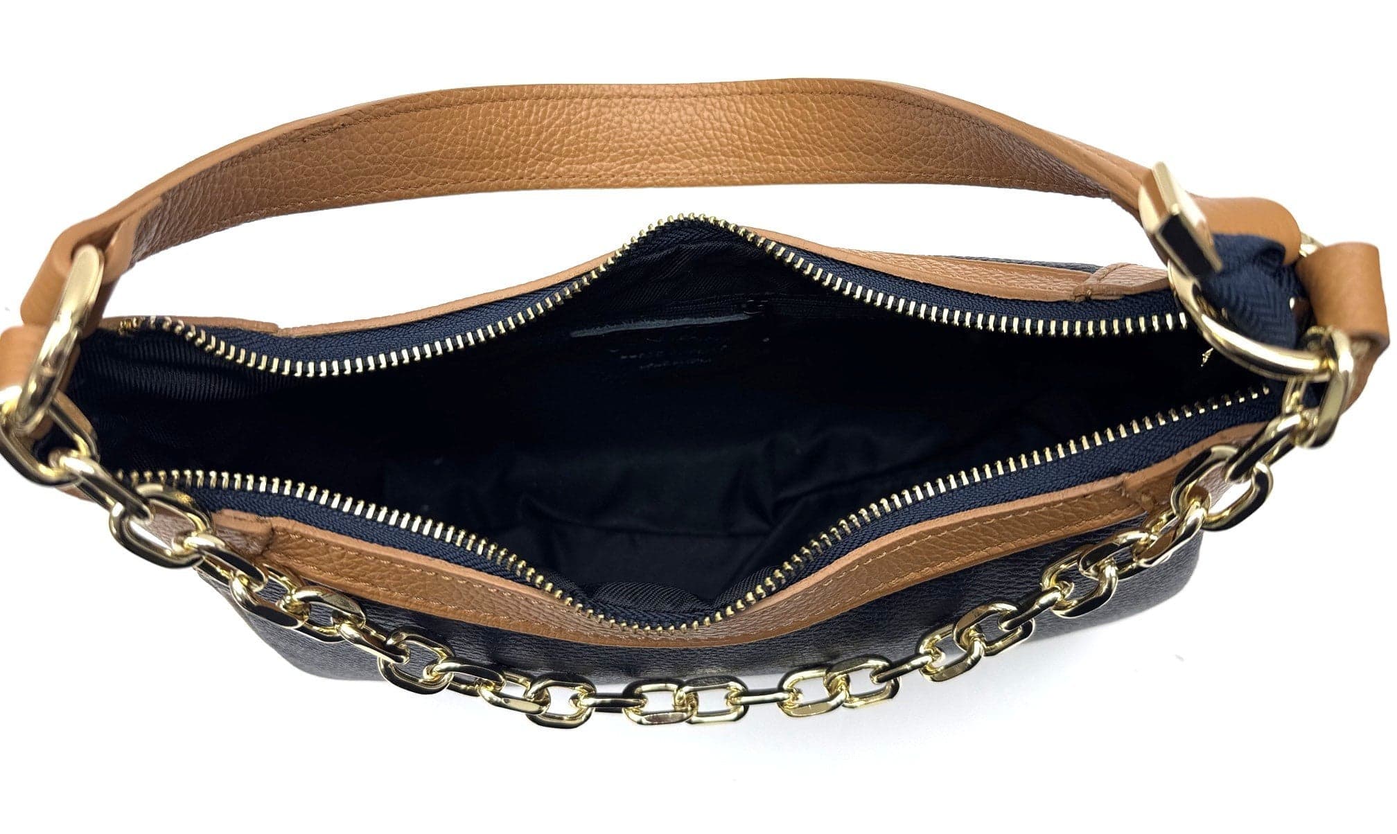 Borsa donna RENATA a spalla in vera pelle morbida, colore BLU / MIELE, CHIAROSCURO Made in Italy