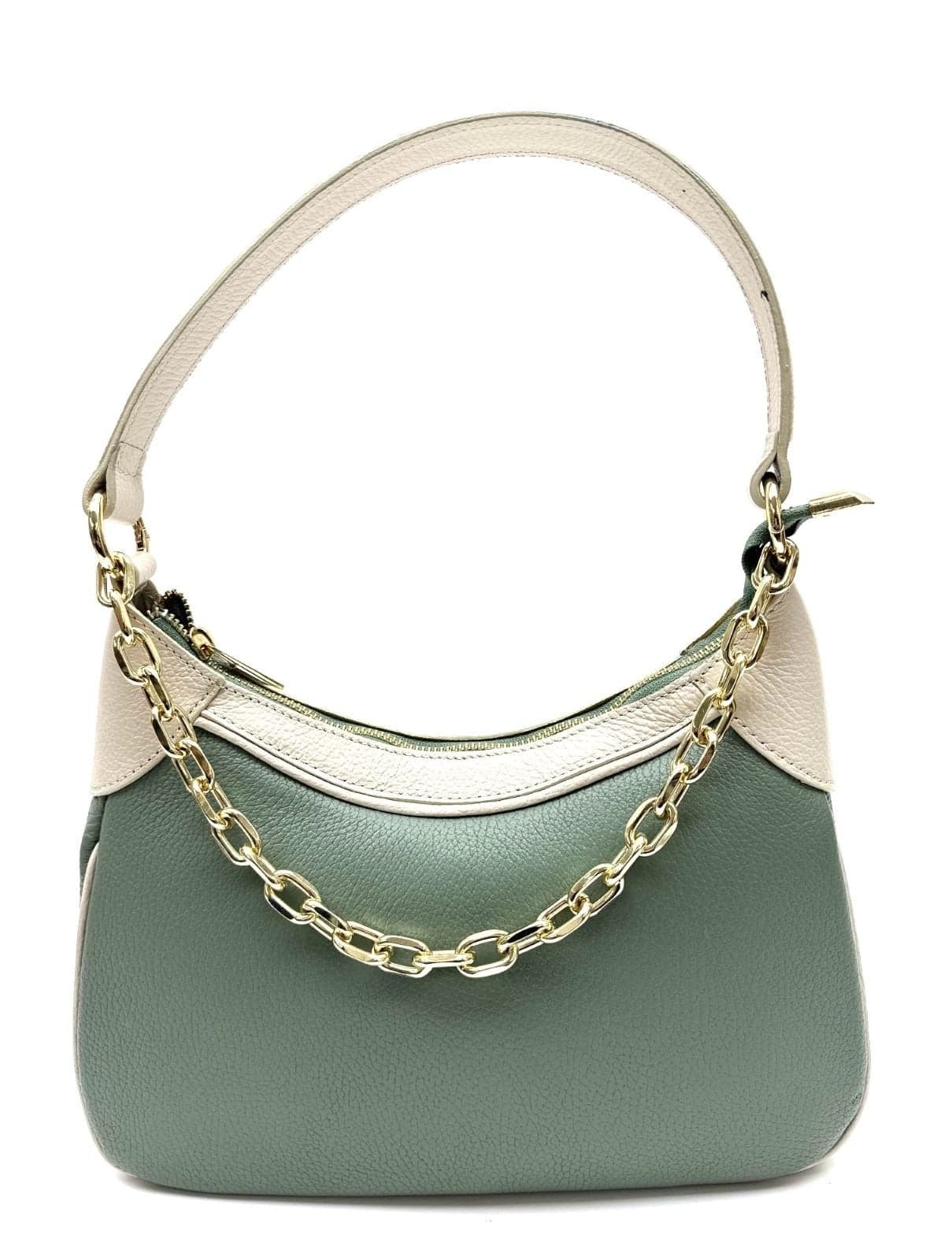 Borsa donna RENATA a spalla in vera pelle morbida, colore VERDE / BEIGE, CHIAROSCURO Made in Italy