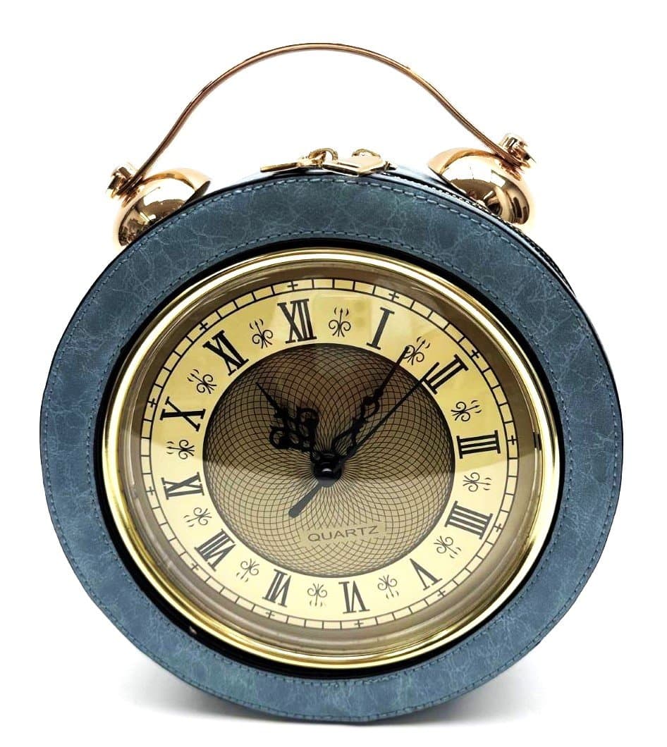 Borsa Mini Clock con orologio funzionante con tracolla, Cosplay Steampunk, ecopelle, colore azzurro, ARIANNA DINI DESIGN