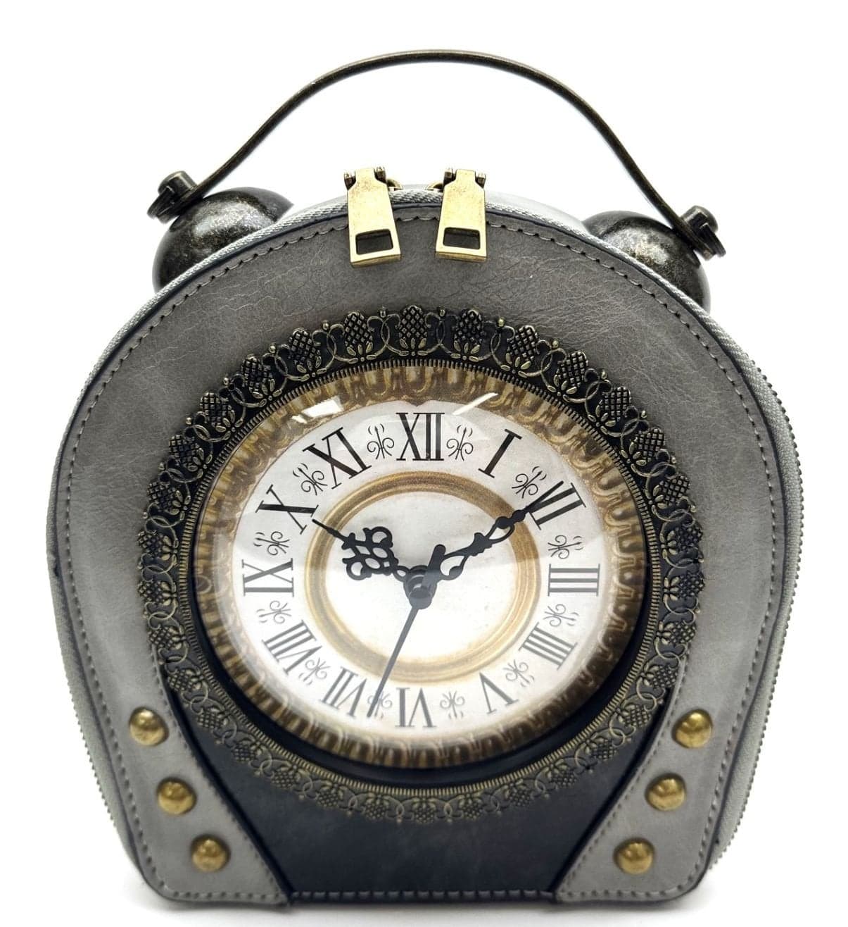 Borsa Queeny Clock con orologio funzionante con tracolla, Cosplay Steampunk, ecopelle, colore grigio, ARIANNA DINI DESIGN