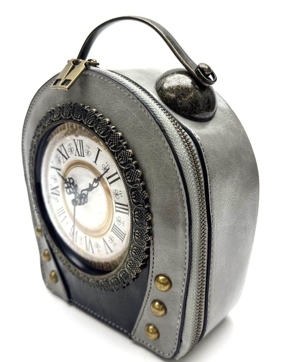 Queeny Clock bag with clock, Cosplay Steampunk Style, color grey, ARIANNA DINI DESIGN