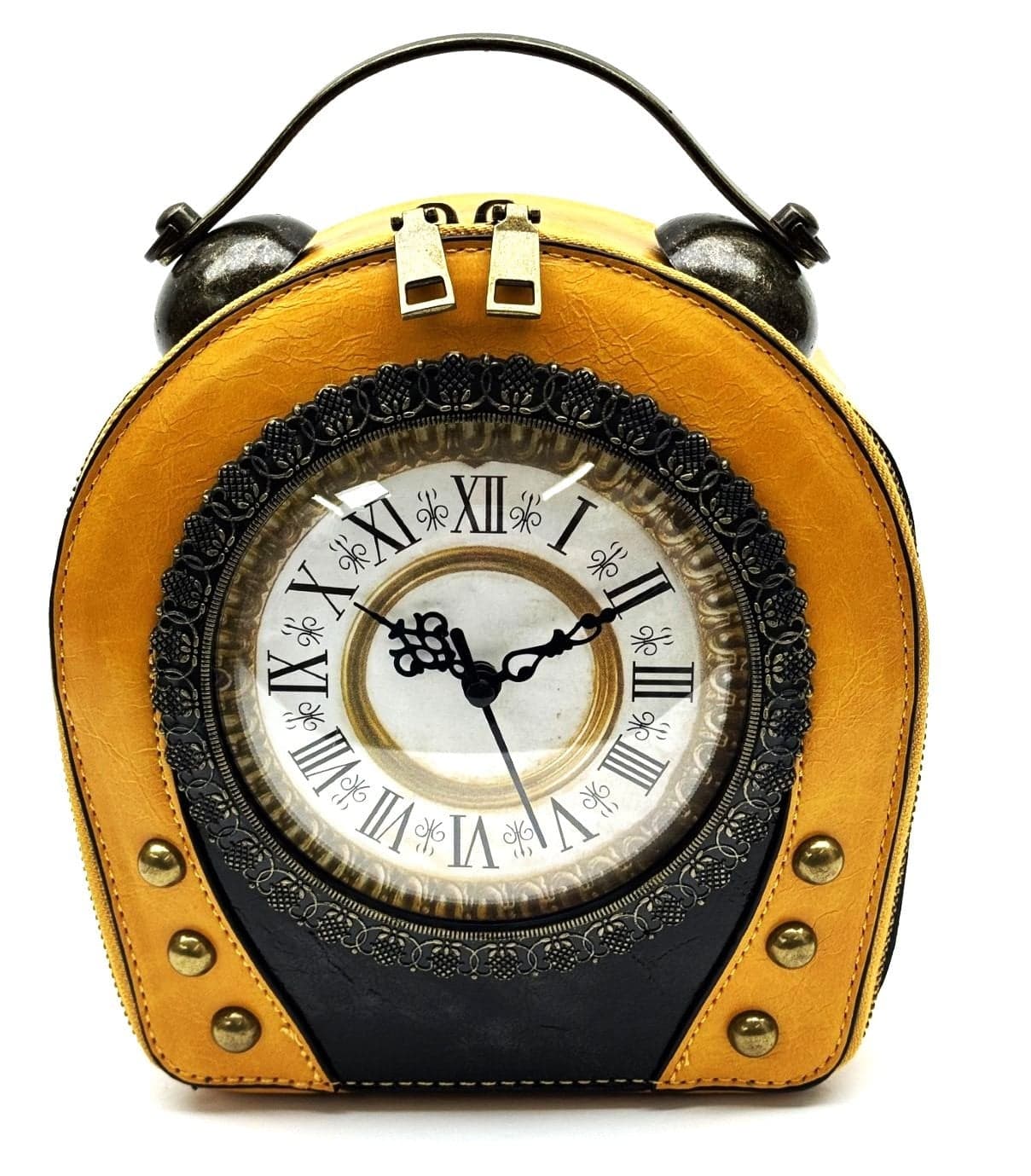 Borsa Queeny Clock con orologio funzionante con tracolla, Cosplay Steampunk, ecopelle, colore giallo, ARIANNA DINI DESIGN