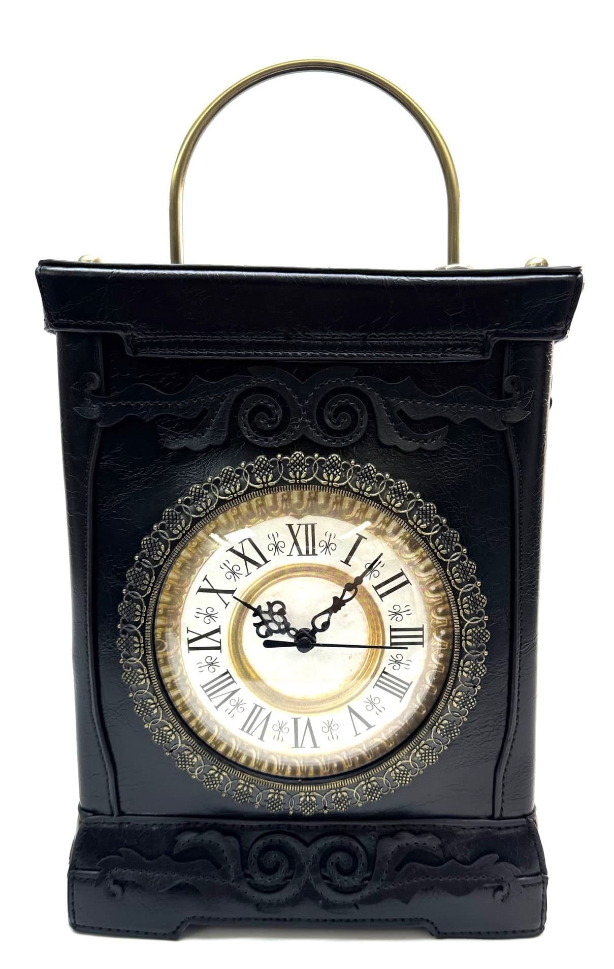 Borsa Queeny Clock con orologio funzionante con tracolla, Cosplay Steampunk, ecopelle, colore NERO, ARIANNA DINI DESIGN (Borsa)
