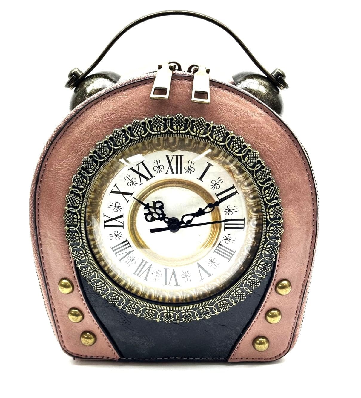 Borsa Queeny Clock con orologio funzionante con tracolla, Cosplay Steampunk, ecopelle, colore rosa, ARIANNA DINI DESIGN