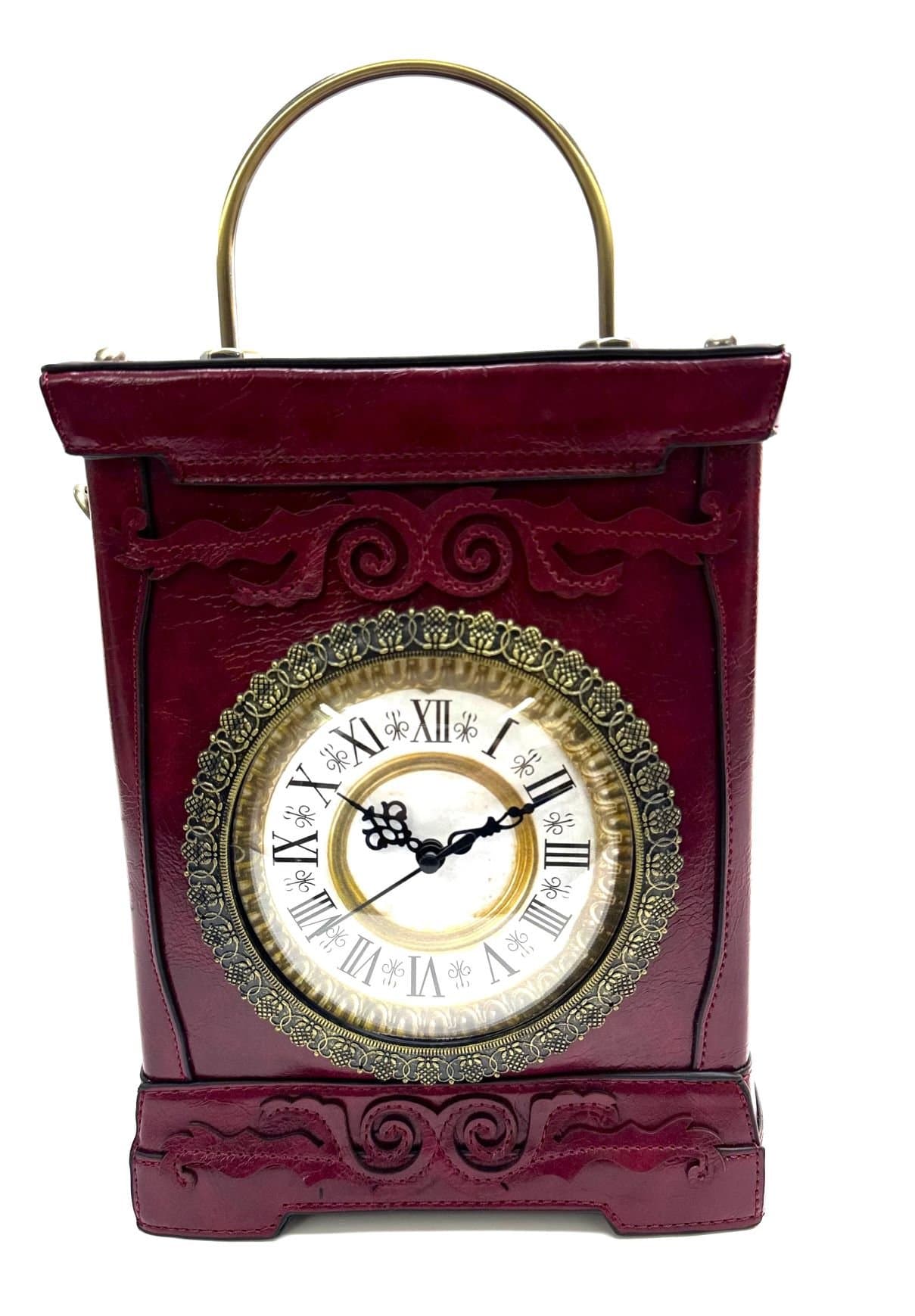 Borsa Queeny Clock con orologio funzionante con tracolla, Cosplay Steampunk, ecopelle, colore rosso, ARIANNA DINI DESIGN (Borsa)
