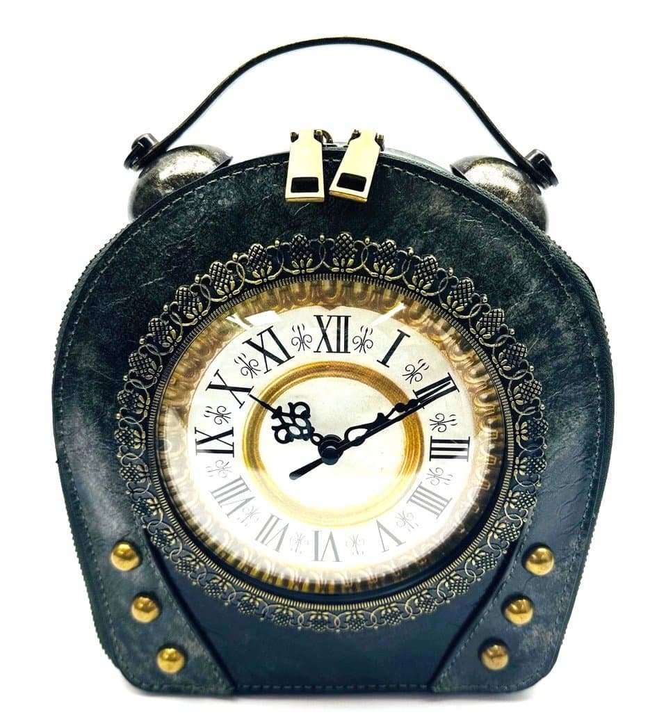 Borsa Queeny Clock con orologio funzionante con tracolla, Cosplay Steampunk, ecopelle, colore verde, ARIANNA DINI DESIGN