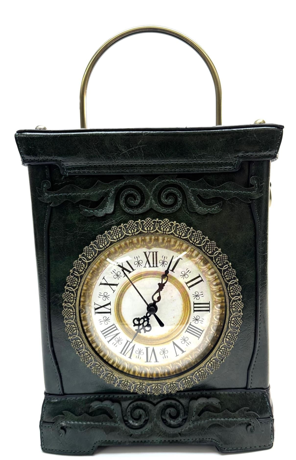 Borsa Queeny Clock con orologio funzionante con tracolla, Cosplay Steampunk, ecopelle, colore VERDE, ARIANNA DINI DESIGN (Borsa)
