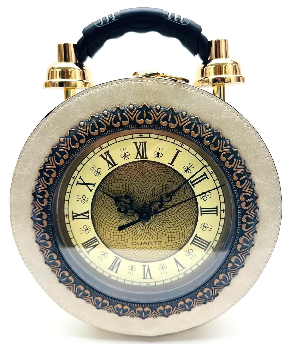 Borsa Tracy Clock con orologio funzionante con tracolla, Cosplay Steampunk, ecopelle, colore BEIGE, ARIANNA DINI DESIGN